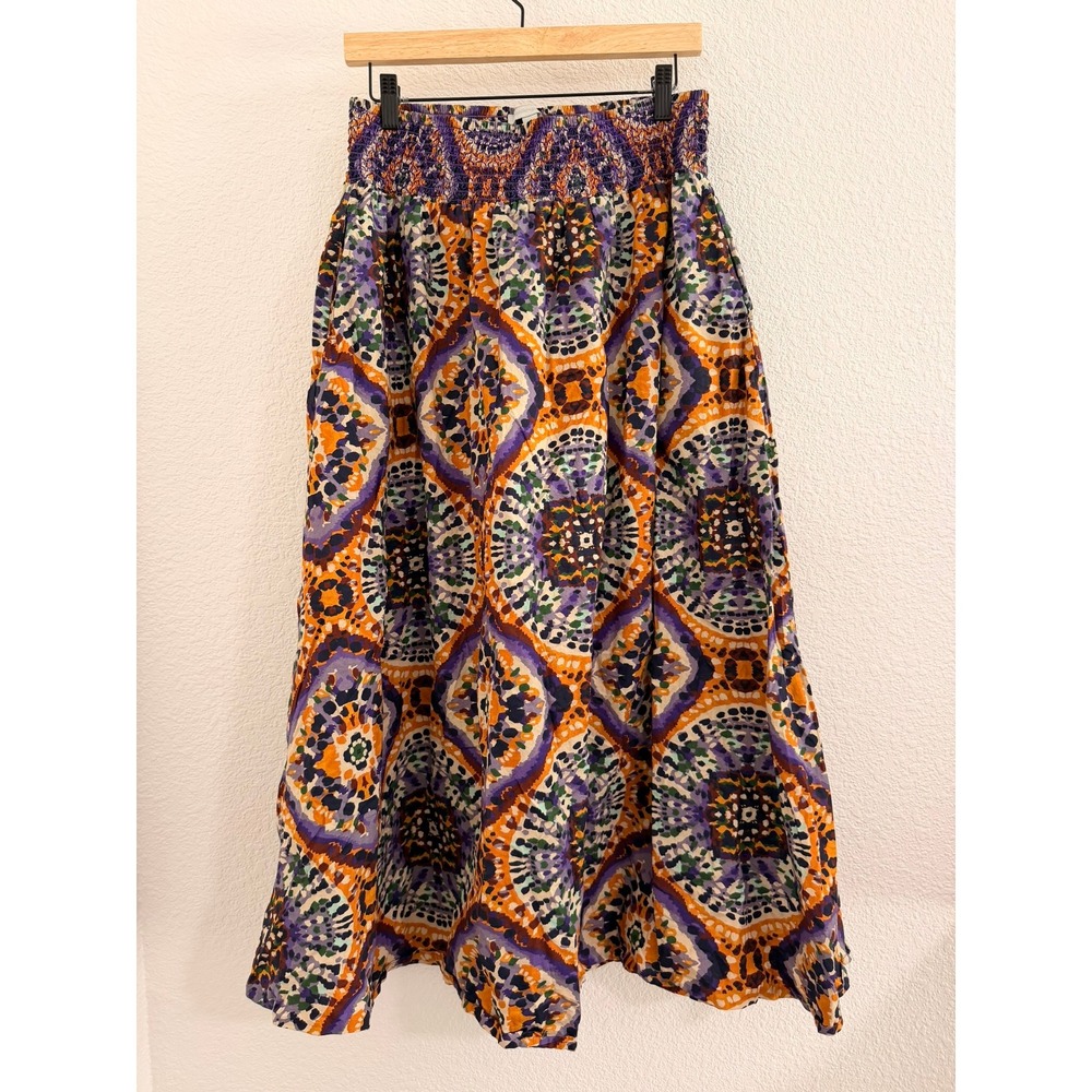 Jennifer Grace Cotton Maxi Skirt XL Purple Orange Boho Geometric Smocked Waist
